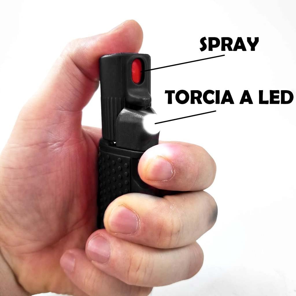 SPRAY COMPATTO E POTENTE DONNA Autodifesa Legale 2-in-1 LED+Spray Nero con PonPon Cuore 15ml 100% legale