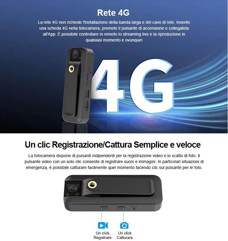 Mini Telecamera spia con SIM 4G da Interno Senza Fili 1080P FHD spy camera, compresa di sim già attiva, Visione 160°, Visione Notturna allarme movimento visione da APP manuale italiano (CB77-C)