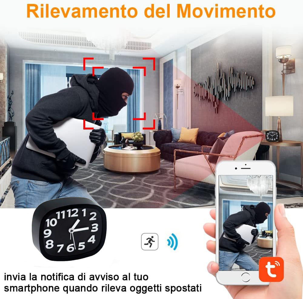 sveglia con telecamera spia 1080P WiFi, Rilevamento Movimento, Visione Notturna, Microfono, visione da cellulare ios/android APP TUYA Monitoraggio Casa/Ufficio (C6)