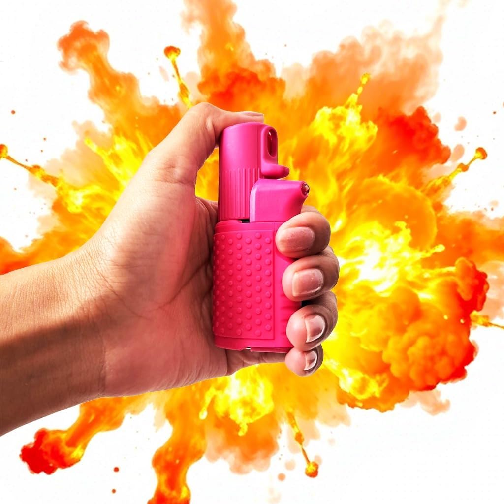 SPRAY COMPATTO E POTENTE DONNA Autodifesa Legale 2-in-1 LED+Spray Rosa con PonPon Cuore 15ml 100% legale