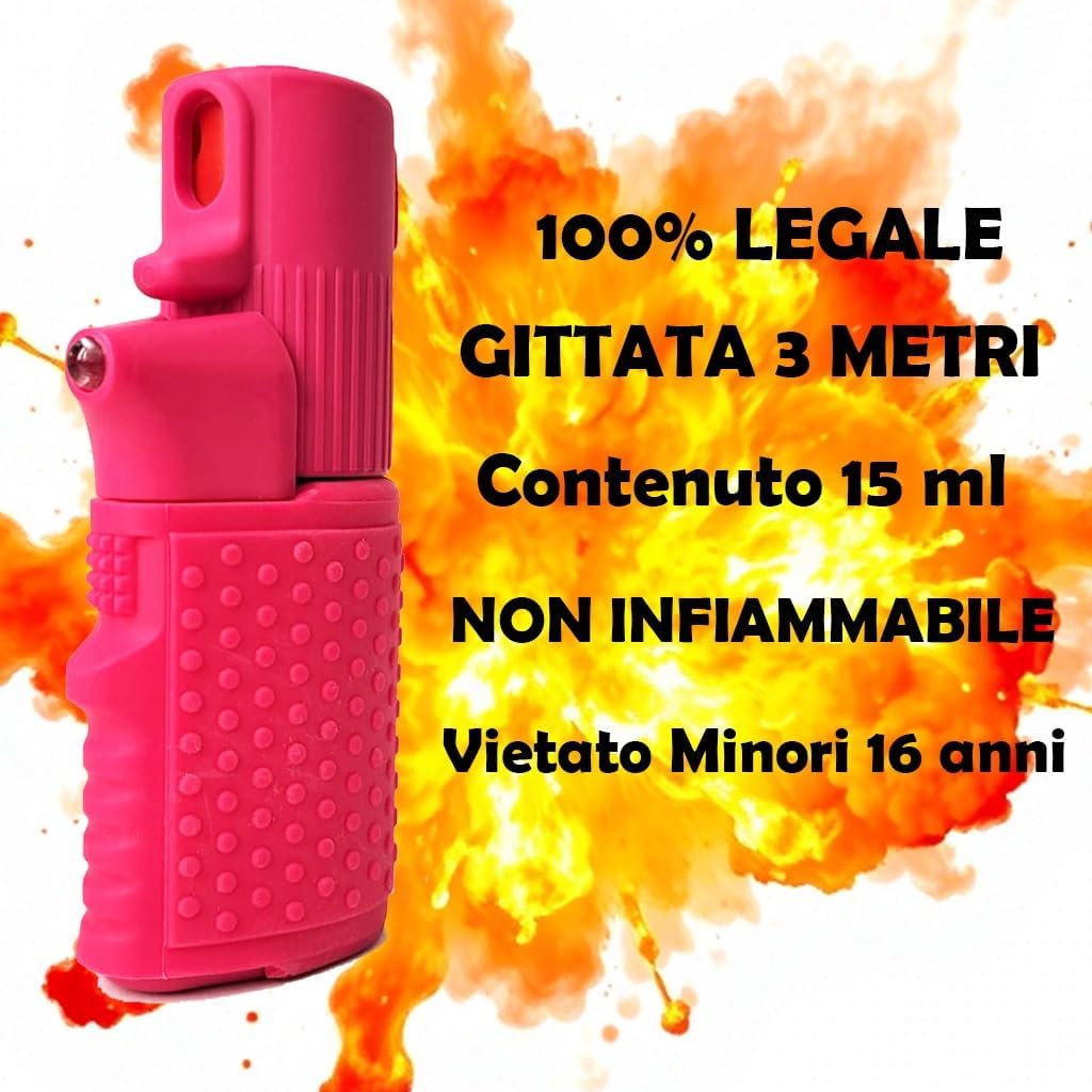 SPRAY COMPATTO E POTENTE DONNA Autodifesa Legale 2-in-1 LED+Spray Rosa con PonPon Cuore 15ml 100% legale