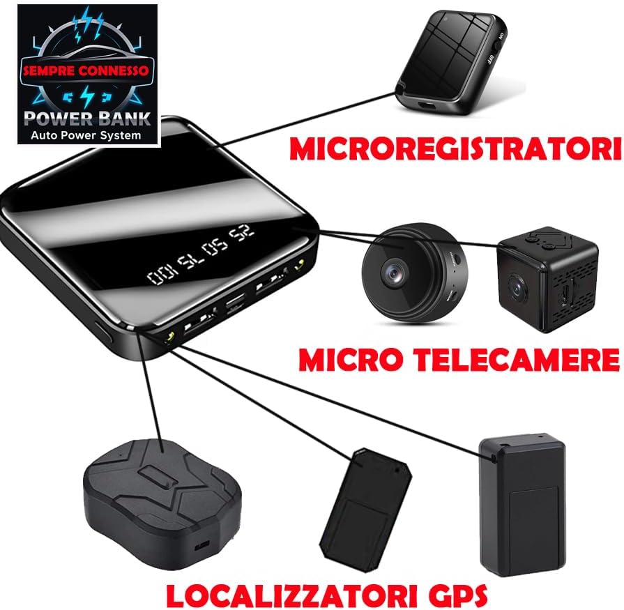 POWER BANK AUTOPOWER sistema sempre connesso – Ricarica Automatica Continua per GPS, Microspie Microtelecamere e Dispositivi a Lunga Autonomia (PBA6000)