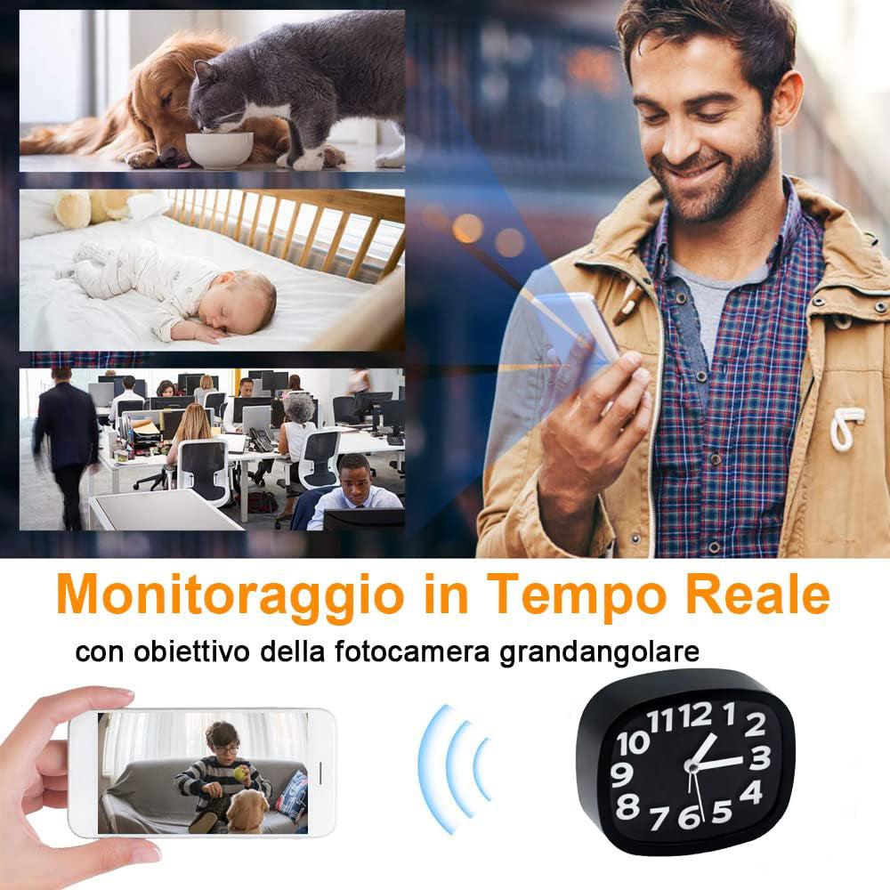 sveglia con telecamera spia 1080P WiFi, Rilevamento Movimento, Visione Notturna, Microfono, visione da cellulare ios/android APP TUYA Monitoraggio Casa/Ufficio (C6)
