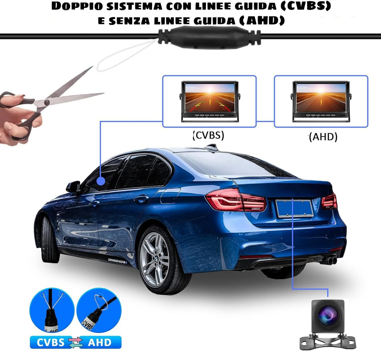 Telecamera posteriore per auto universale con visione notturna AHD Pixel 1280x720P 160 ° grandangolare IP68 Telecamera posteriore/anteriore impermeabile 12V doppio sistema PAL