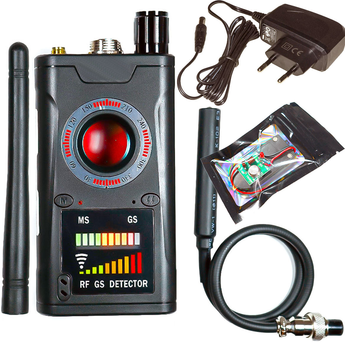 Rilevatore scanner di microspie gsm via radio gps auto magnetici telecamere spia via radio wifi SD card kit completo di valigia caricabatterie e microspia allenamento, manuale in italiano (K18Special)