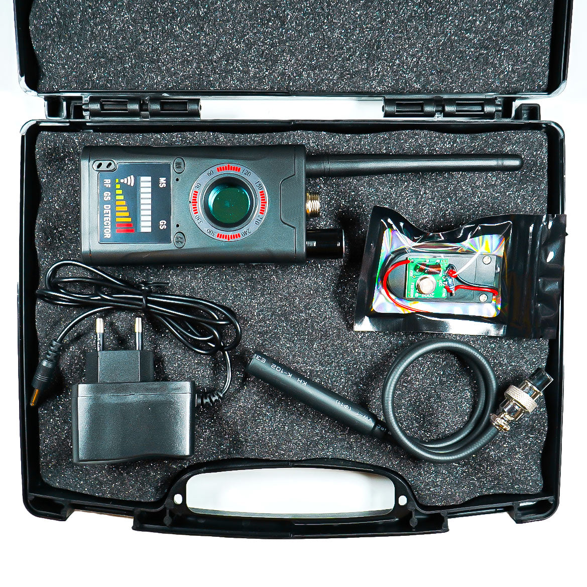 Rilevatore scanner di microspie gsm via radio gps auto magnetici telecamere spia via radio wifi SD card kit completo di valigia caricabatterie e microspia allenamento, manuale in italiano (K18Special)