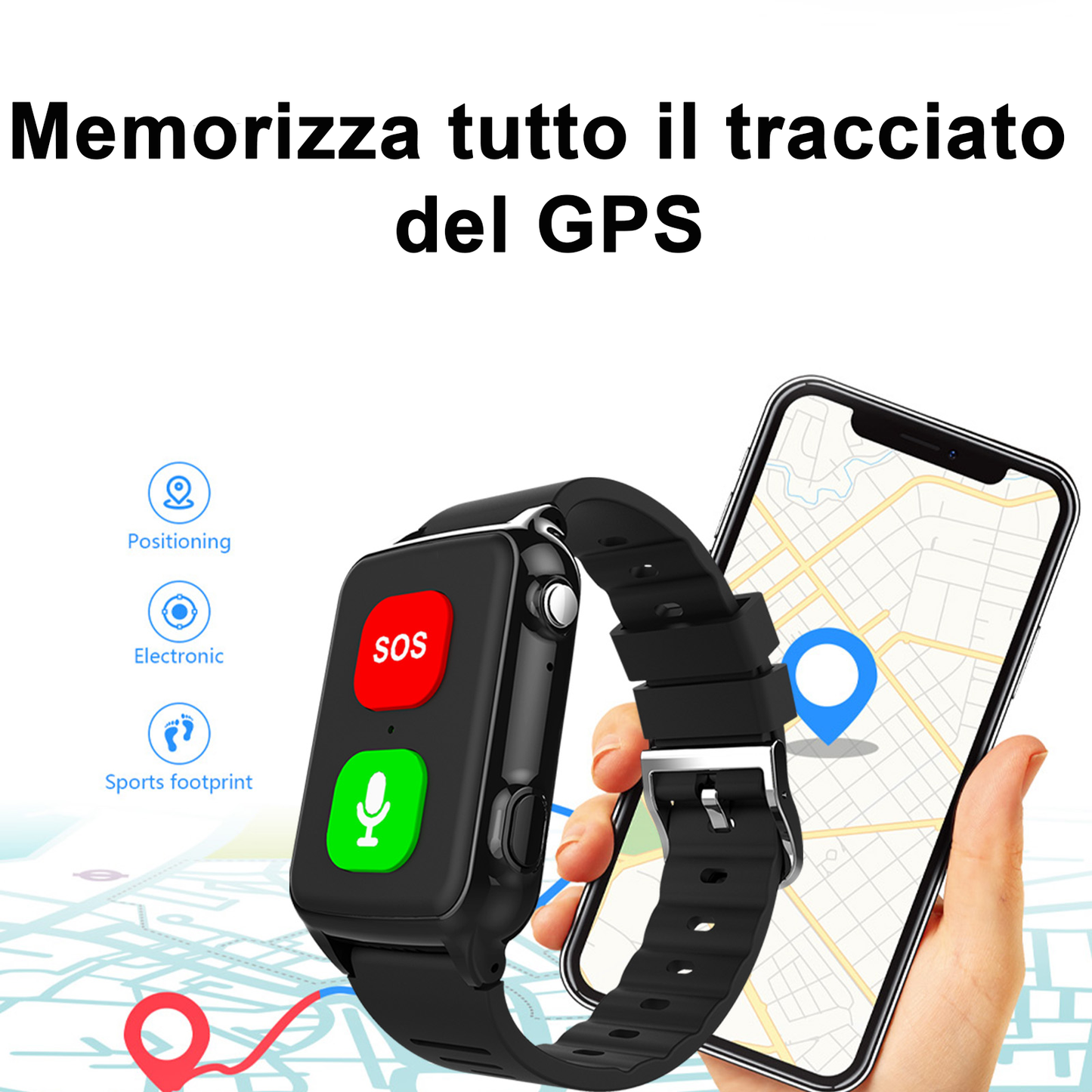 SOS Anziani Localizzatore GPS sensore da polso Anticaduta Impermeabile IP67 Chiamate Bidirezionali Geo-Recinzione Controllo battito cardiaco Inclusa App di Tracciamento in inglese (SOS Pulse)