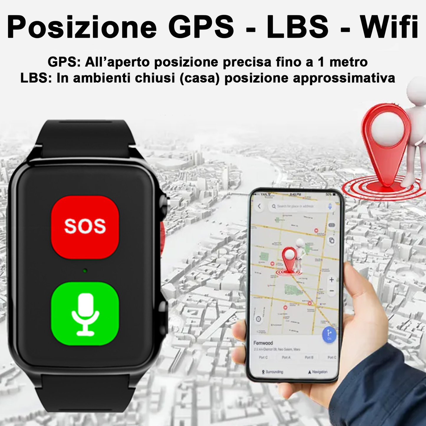 SOS Anziani Localizzatore GPS sensore da polso Anticaduta Impermeabile IP67 Chiamate Bidirezionali Geo-Recinzione Controllo battito cardiaco Inclusa App di Tracciamento in inglese (SOS Pulse)