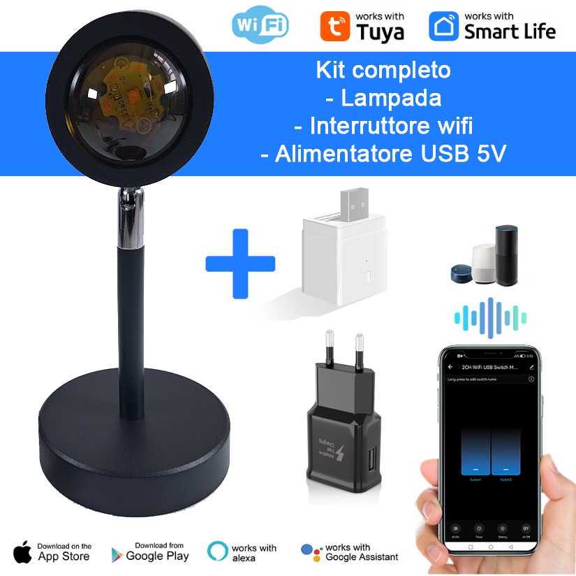 GiDaCom lampada a LED proiezione alba e tramonto, con interfaccia wifi, gestione tramite alexa google, proiettore per camera da letto, soggiorno, studio, relax