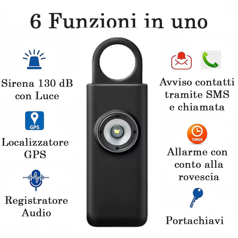 Portachiavi Allarme Antipanico, Dispositivo Antiaggressione SOS Chiamata Automatica, Invio Istantaneo Posizione GPS, Sirena 130dB, Difesa Personale e Autodifesa per Donne, Bambini e Anziani (Nero)