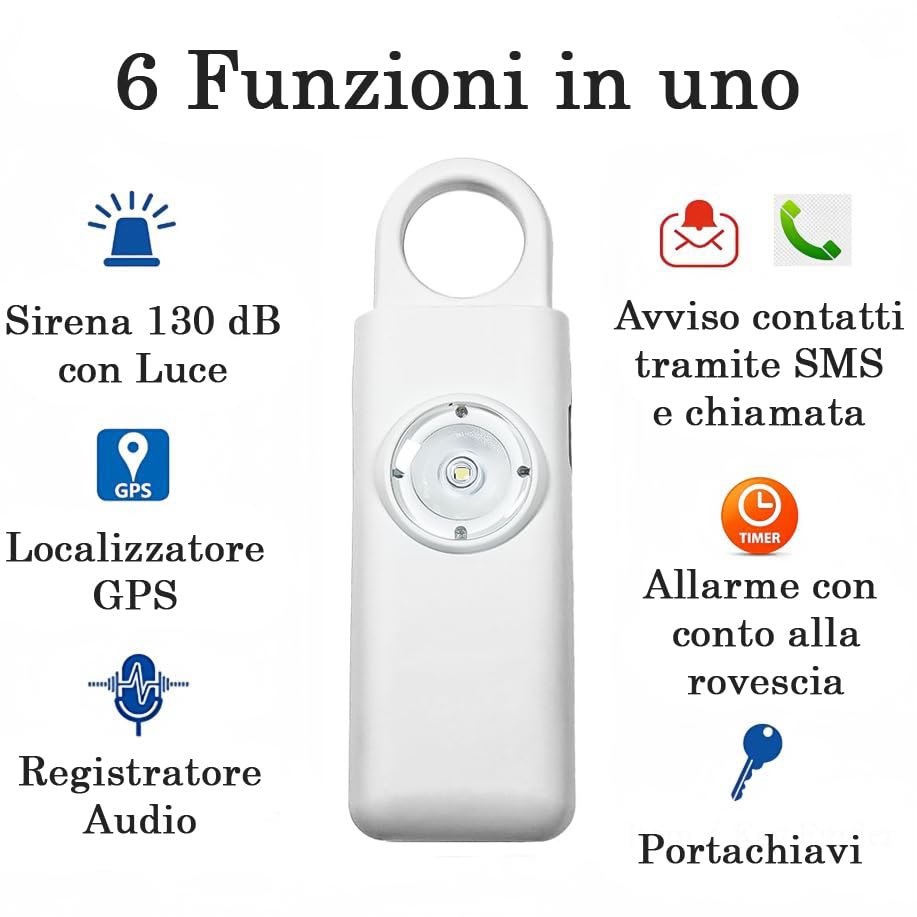 Portachiavi Allarme Antipanico, Dispositivo Antiaggressione SOS Chiamata Automatica, Invio Istantaneo Posizione GPS, Sirena 130dB, Difesa Personale e Autodifesa per Donne, Bambini e Anziani (Bianco)