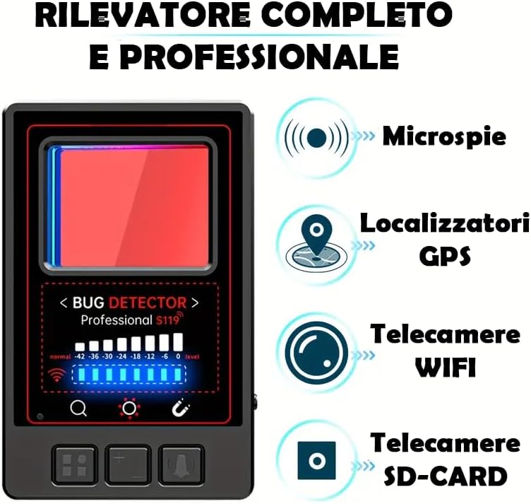 Rilevatore Microspie 5 in 1 Portatile rileva Telecamere wifi Microfoni Wireless GPS Tracker con 8 Livelli Sensibilità, AI Avanzata & 25h Autonomia (S119 slim)