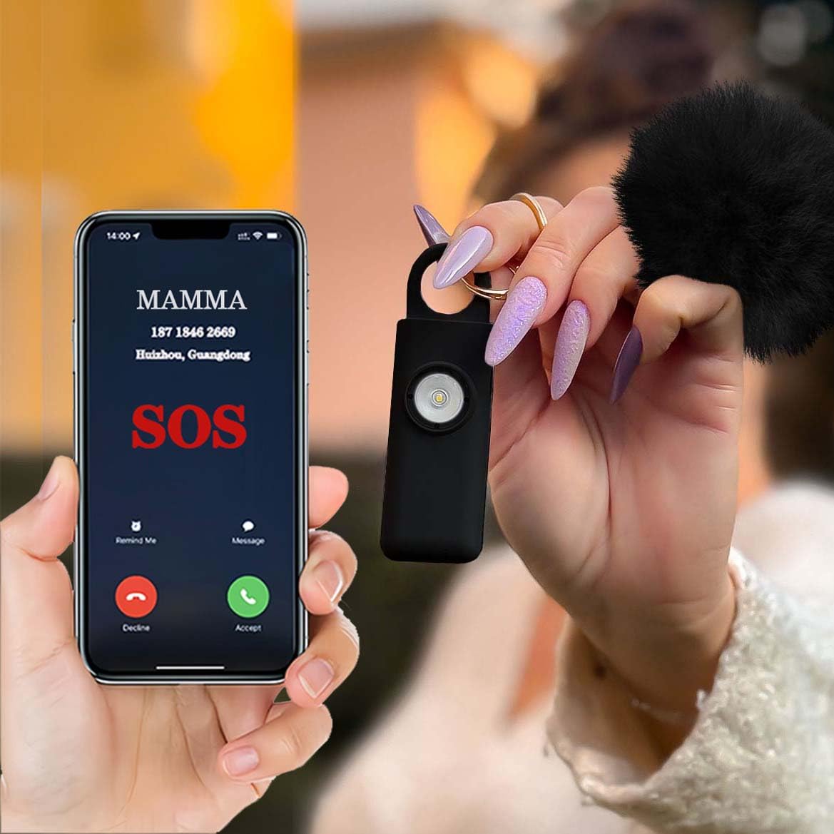 Portachiavi Allarme Antipanico, Dispositivo Antiaggressione SOS Chiamata Automatica, Invio Istantaneo Posizione GPS, Sirena 130dB, Difesa Personale e Autodifesa per Donne, Bambini e Anziani (Nero)