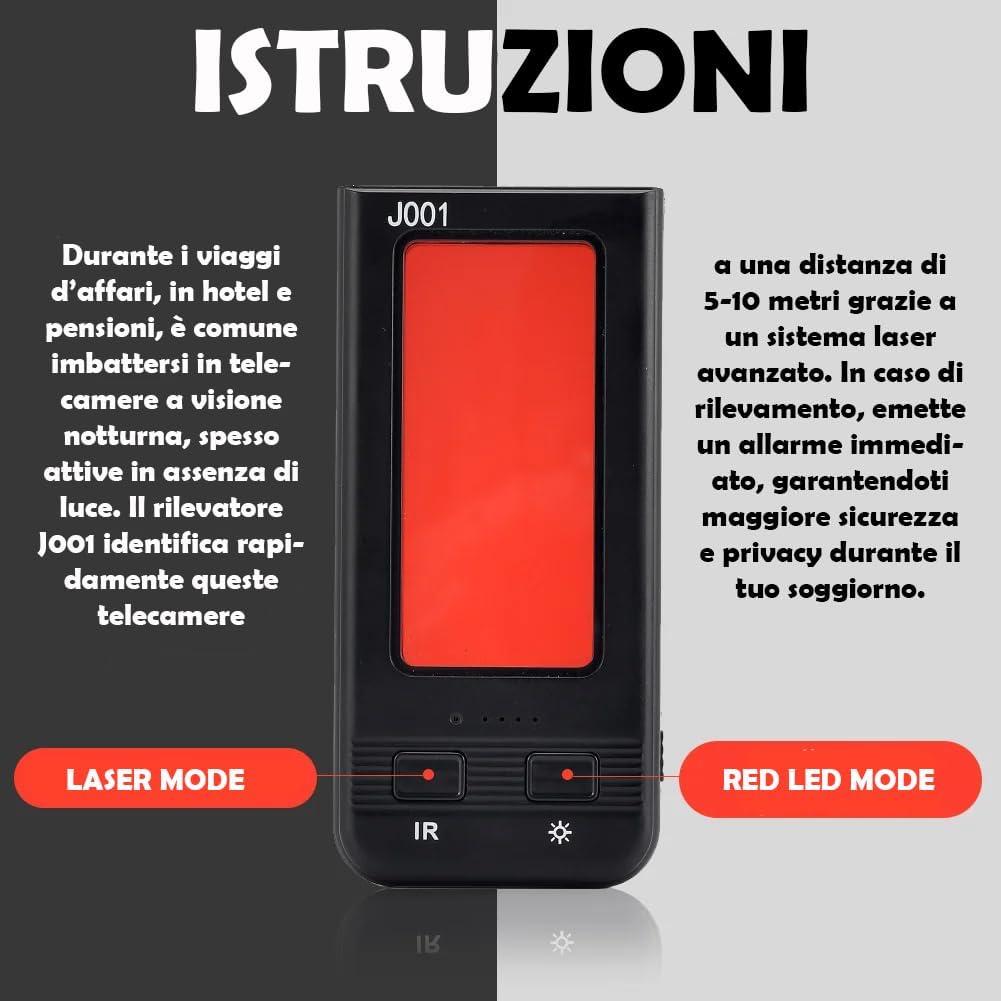 NUOVA GENERAZIONE Rilevatore Telecamere 2-in-1 • Laser a Infrarossi & Filtro Polarizzato • Scansione Precisa per Micro Spy, WiFi, Pinhole • Batteria Ricaricabile • Portatile e Facile da Usare