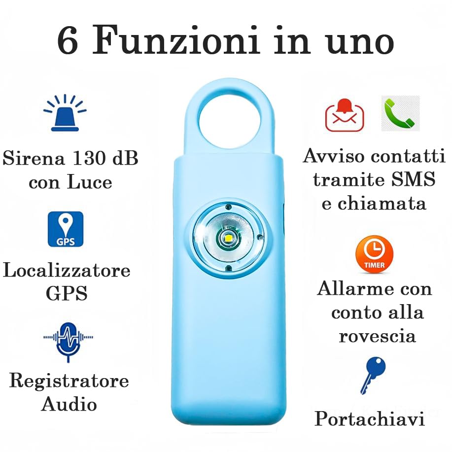 Portachiavi Allarme Antipanico, Dispositivo Antiaggressione SOS Chiamata Automatica, Invio Istantaneo Posizione GPS, Sirena 130dB, Difesa Personale e Autodifesa per Donne, Bambini e Anziani (Azzurro)