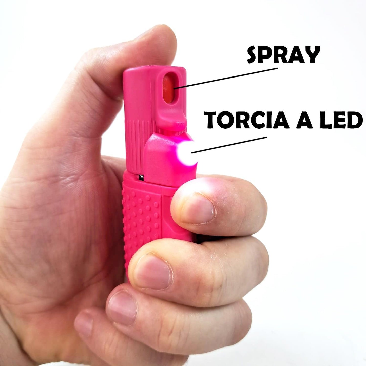 SPRAY COMPATTO E POTENTE DONNA Autodifesa Legale 2-in-1 LED+Spray Rosa con PonPon Cuore 15ml 100% legale