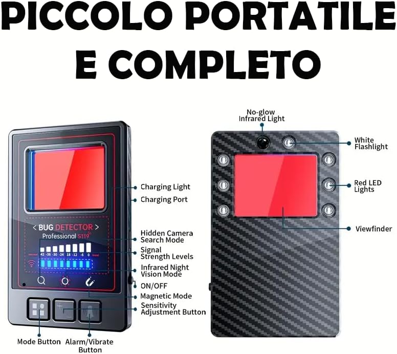 Rilevatore Microspie 5 in 1 Portatile rileva Telecamere wifi Microfoni Wireless GPS Tracker con 8 Livelli Sensibilità, AI Avanzata & 25h Autonomia (S119 slim)