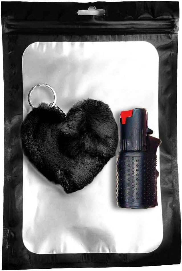 SPRAY COMPATTO E POTENTE DONNA Autodifesa Legale 2-in-1 LED+Spray Nero con PonPon Cuore 15ml 100% legale