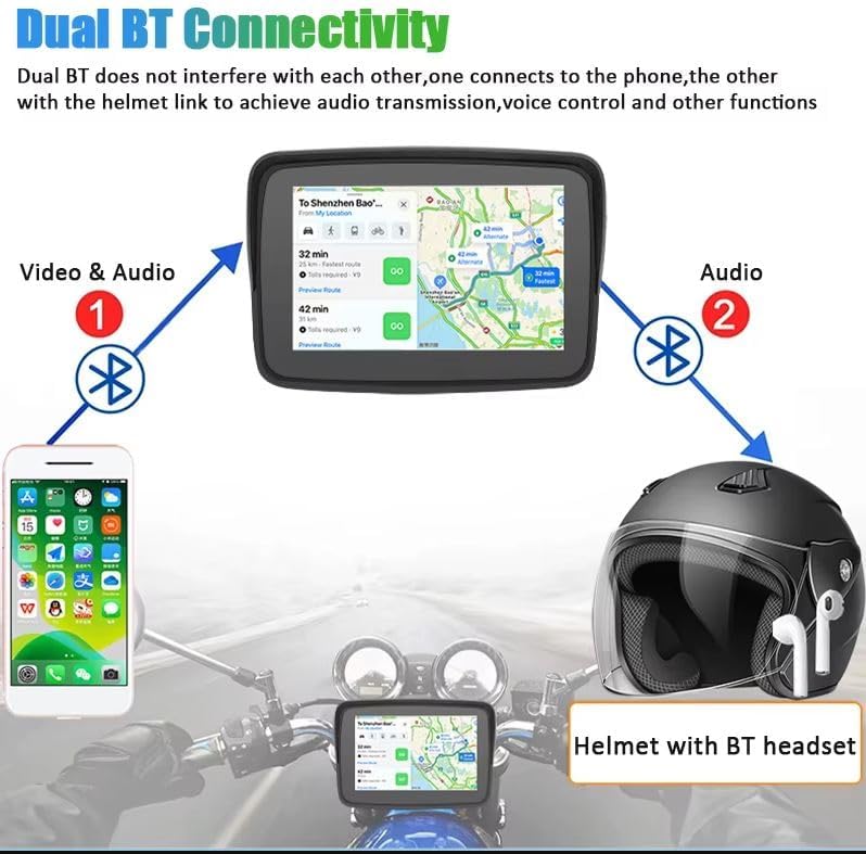 K600 Navigatore GPS per moto con doppio bluetooth telefonate mappe sistema Carplay e Android auto TF card per musica e film staffa rinforzata manubrio