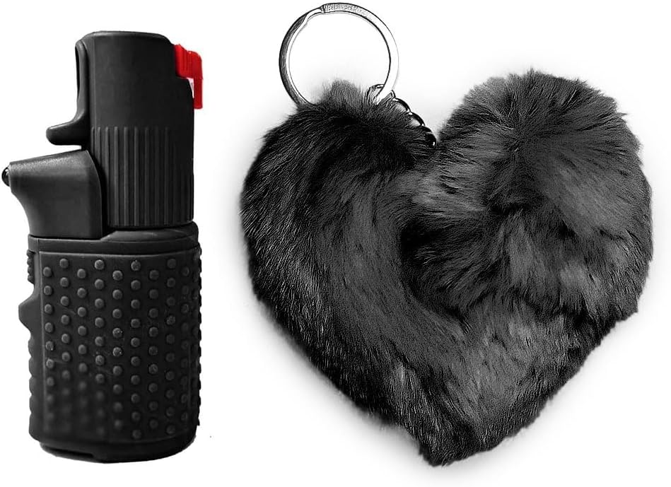 SPRAY COMPATTO E POTENTE DONNA Autodifesa Legale 2-in-1 LED+Spray Nero con PonPon Cuore 15ml 100% legale