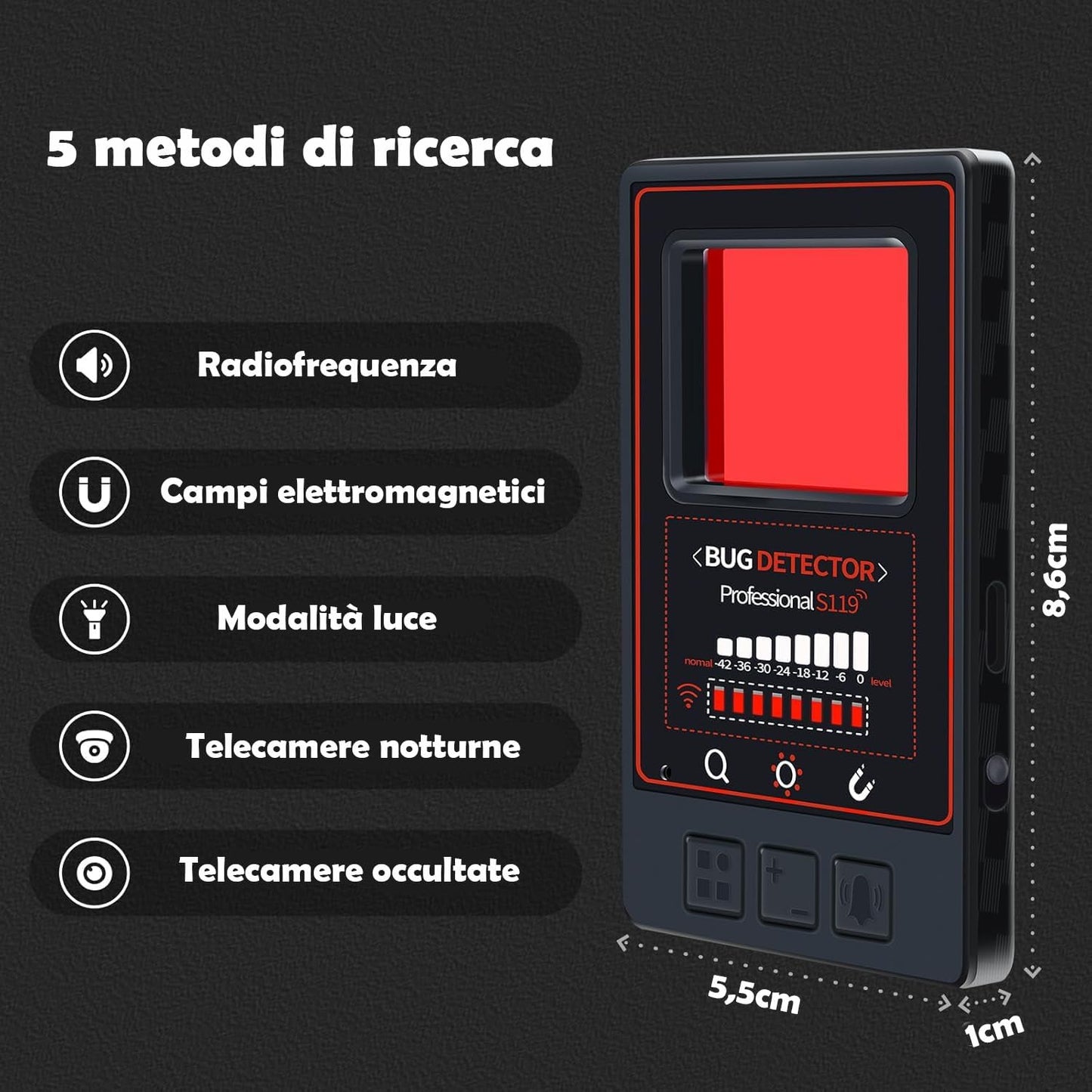 Rilevatore Microspie 5 in 1 Portatile rileva Telecamere wifi Microfoni Wireless GPS Tracker con 8 Livelli Sensibilità, AI Avanzata & 25h Autonomia (S119 slim)