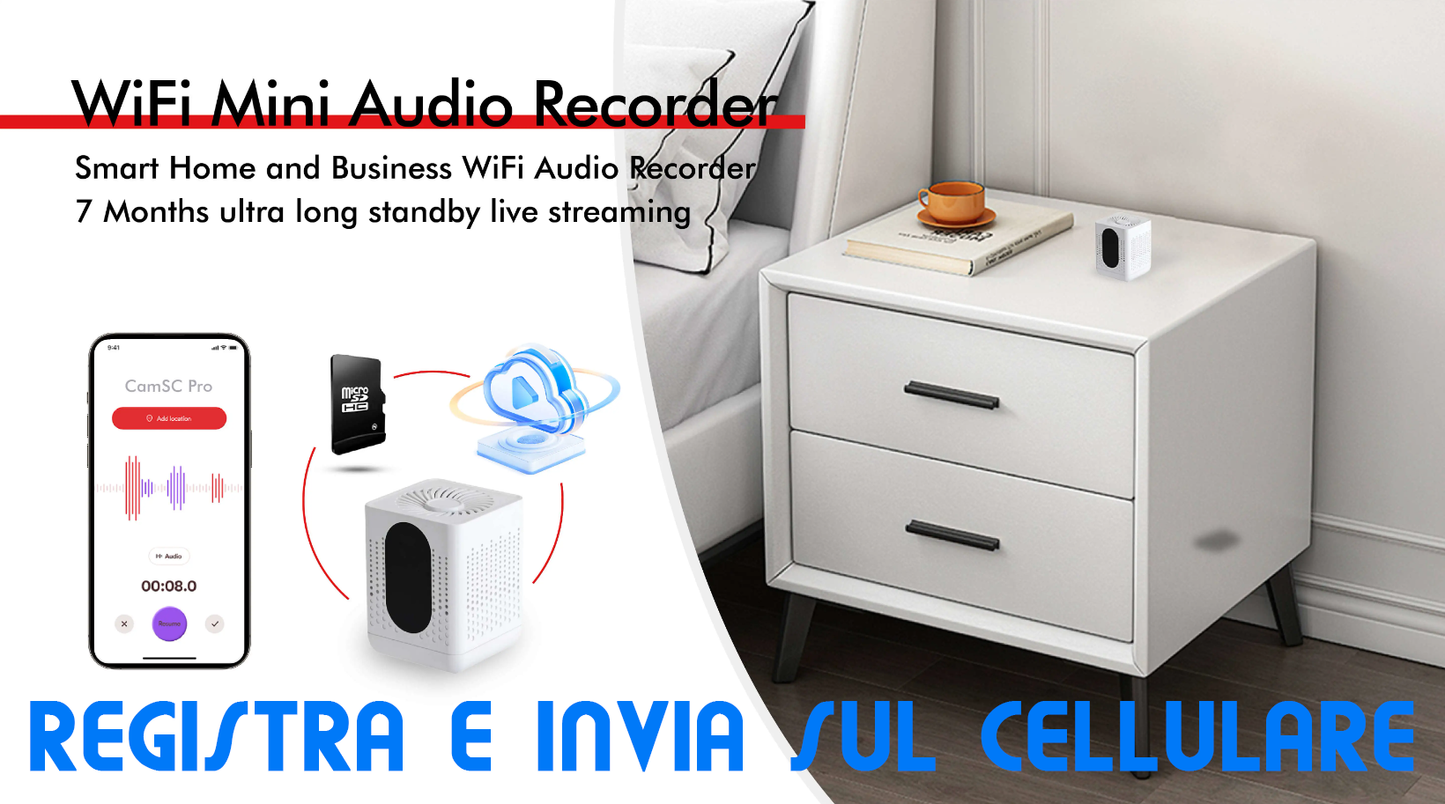Registratore Audio spia WiFi a Lunga Durata Colore Bianco Compatto e Portatile Design Moderno Antifurto casa ufficio (Wifi F07)
