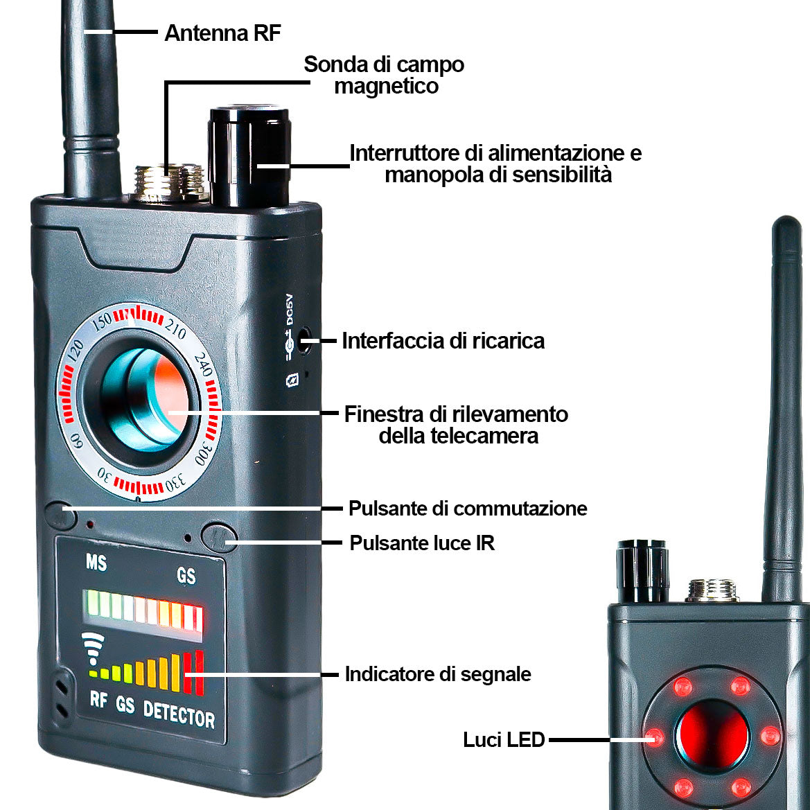 Rilevatore scanner di microspie gsm via radio gps auto magnetici telecamere spia via radio wifi SD card kit completo di valigia caricabatterie e microspia allenamento, manuale in italiano (K18Special)