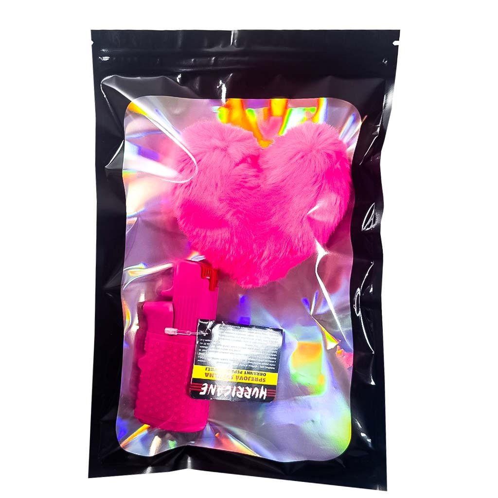 SPRAY COMPATTO E POTENTE DONNA Autodifesa Legale 2-in-1 LED+Spray Rosa con PonPon Cuore 15ml 100% legale