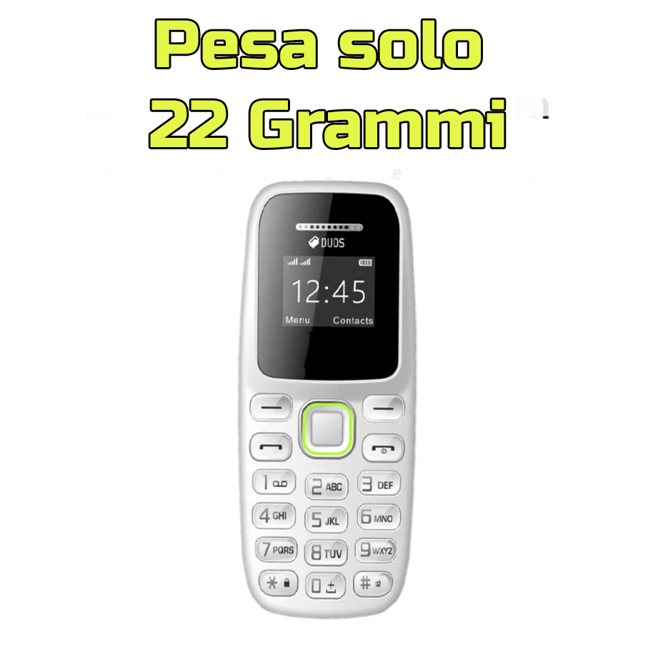 Mini telefono GSM 2G dual SIM con supporto microSD 16 GB, Bluetooth, lettore MP3 il più piccolo al mondo (bianco).