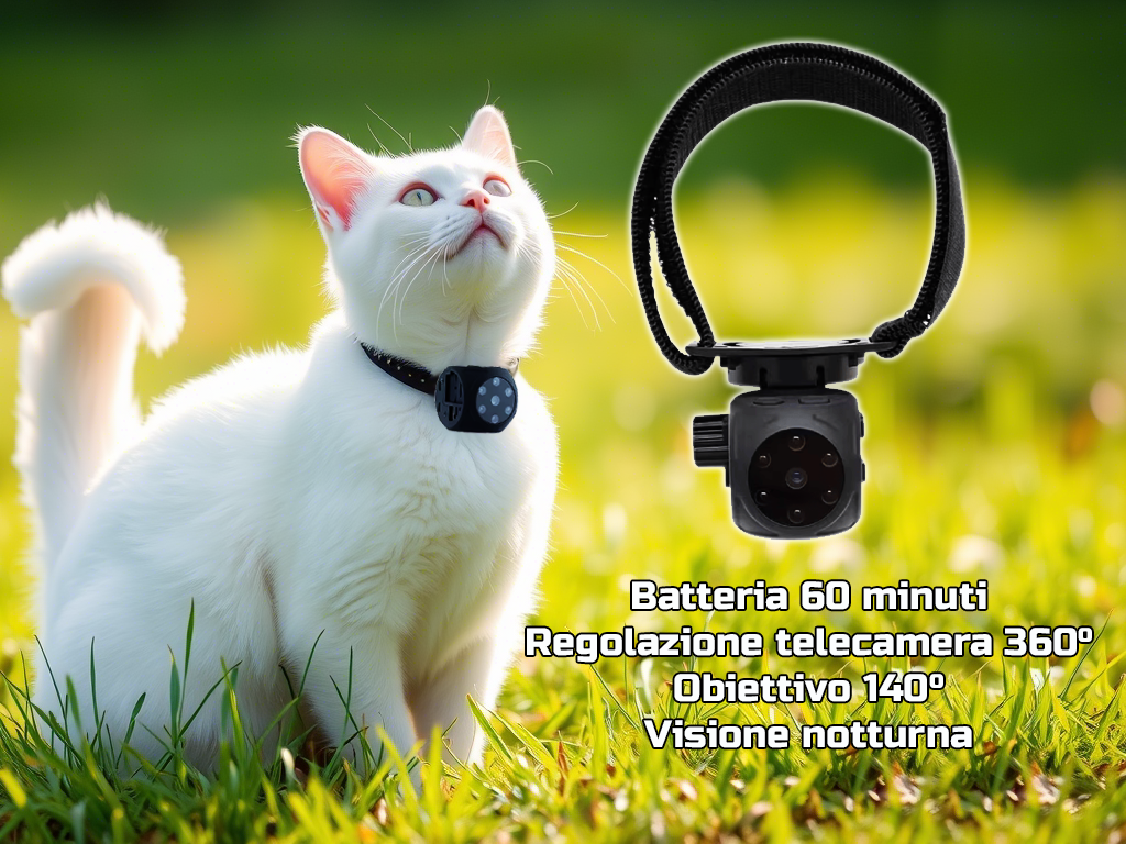 Mini telecamera portatile full hd 1080p, Cani e Gatti visione notturna a infrarossi, registrazione su SD, collare regolabile a strappo (CAMPET1)